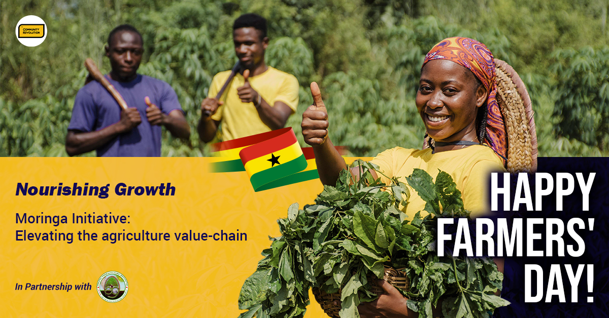Banner which reads: Happy Farmers' Ghana! Nourishing growth - The Community Revolution moringa initiative in partnership with The Ghana Permaculture institute. Elevating the agriculture value-chain