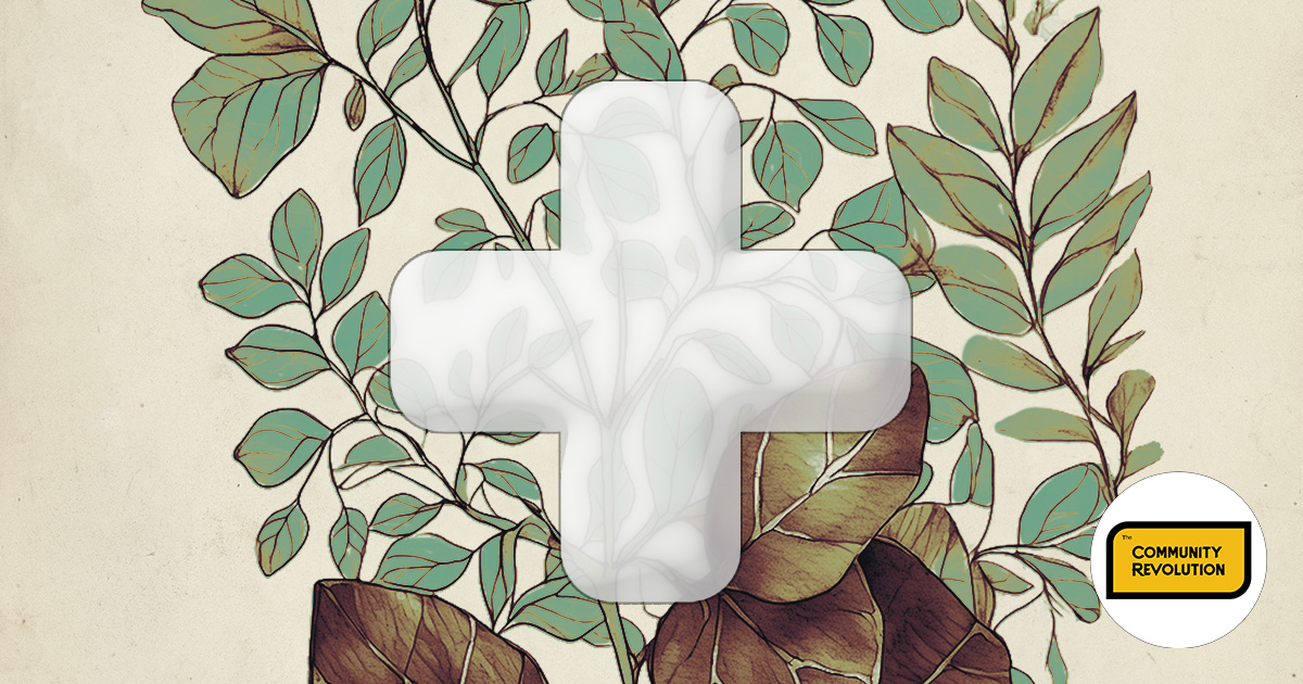 Graphic composition of a white cross over the branches of a tree with leaves