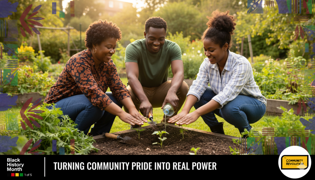 The image depicts three individuals engaged in gardening activities in a lush, green outdoor setting. They are crouched over a raised garden bed filled with soil and young plants. The person on the left (a woman), wearing a patterned orange and black top, is holding a small watering can and appears to be assisting in the planting process. The individual in the middle (a man), dressed in a green t-shirt and khaki pants, is holding a trowel and seems to be digging or planting. The person on the right (a woman), wearing a white and blue plaid shirt, is also holding a trowel and assisting with the gardening task. All three are smiling and appear to be enjoying their activity, suggesting a sense of community and collaboration. The background features a variety of greenery, including trees and shrubs, and the setting is bathed in warm sunlight, indicating a pleasant day. The image is framed with decorative elements in the corners, including stylized floral and geometric patterns in shades of blue, red, and green. At the bottom of the image, there is text that reads "Black History Month" and "TURNING COMMUNITY PRIDE INTO REAL POWER," along with a logo that says "COMMUNITY REVOLUTION." The text and logo are set against a black background with a white circular element containing the text. The overall theme of the image is one of community engagement and empowerment through shared activities like gardening.