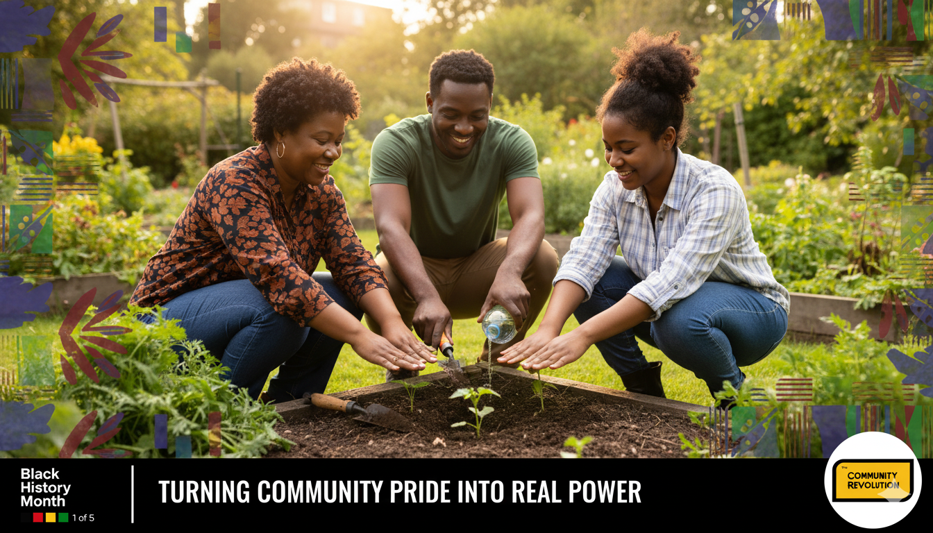 The image depicts three individuals engaged in gardening activities in a lush, green outdoor setting. They are crouched over a raised garden bed filled with soil and young plants. The person on the left (a woman), wearing a patterned orange and black top, is holding a small watering can and appears to be assisting in the planting process. The individual in the middle (a man), dressed in a green t-shirt and khaki pants, is holding a trowel and seems to be digging or planting. The person on the right (a woman), wearing a white and blue plaid shirt, is also holding a trowel and assisting with the gardening task. All three are smiling and appear to be enjoying their activity, suggesting a sense of community and collaboration. The background features a variety of greenery, including trees and shrubs, and the setting is bathed in warm sunlight, indicating a pleasant day. The image is framed with decorative elements in the corners, including stylized floral and geometric patterns in shades of blue, red, and green. At the bottom of the image, there is text that reads "Black History Month" and "TURNING COMMUNITY PRIDE INTO REAL POWER," along with a logo that says "COMMUNITY REVOLUTION." The text and logo are set against a black background with a white circular element containing the text. The overall theme of the image is one of community engagement and empowerment through shared activities like gardening.