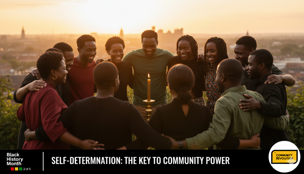 a group of individuals standing together outdoors during what appears to be sunset. The background shows a city skyline with buildings silhouetted against the sky. The individuals are dressed in traditional African attire, with vibrant patterns and colors. They are smiling and appear to be in a celebratory mood. The image is framed with decorative elements, including stylized floral and geometric patterns in the corners. At the bottom, there is text that reads "Black History Month" and "SELF-DETERMINATION: THE KEY TO COMMUNITY POWER," along with a logo that says "COMMUNITY REVOLUTION".