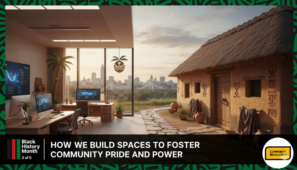 Modern office space with a view of a traditional African-style house and a city skyline in the background. The office has large windows, a desk with multiple computer monitors, and a comfortable chair. The traditional house has a thatched roof and is adorned with symbols and patterns. The image is framed with decorative elements, including stylized floral and geometric patterns in the corners. At the bottom, there is text that reads "Black History Month" and "HOW WE BUILD SPACES TO FOSTER COMMUNITY PRIDE," along with a logo that says "COMMUNITY REVOLUTION". This the third image inn a series of five.