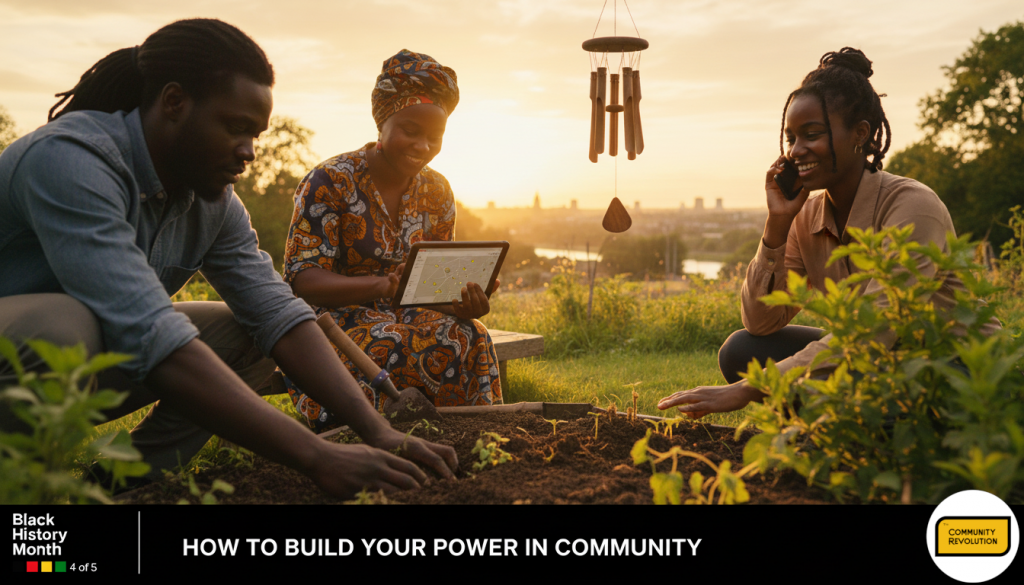 Three individuals engaged in gardening activities in an outdoor setting. They are crouched over a raised garden bed filled with soil and young plants. The person on the left is using a trowel to dig, the person in the middle is holding a tablet, and the person on the right is smiling and appears to be assisting. The background features lush greenery and a warm, sunny atmosphere, indicating a pleasant day. The image is framed with decorative elements, including stylized floral and geometric patterns in the corners. At the bottom, there is text that reads "Black History Month" and "HOW TO BUILD YOUR POWER IN COMMUNITY," along with a logo that says "COMMUNITY REVOLUTION."