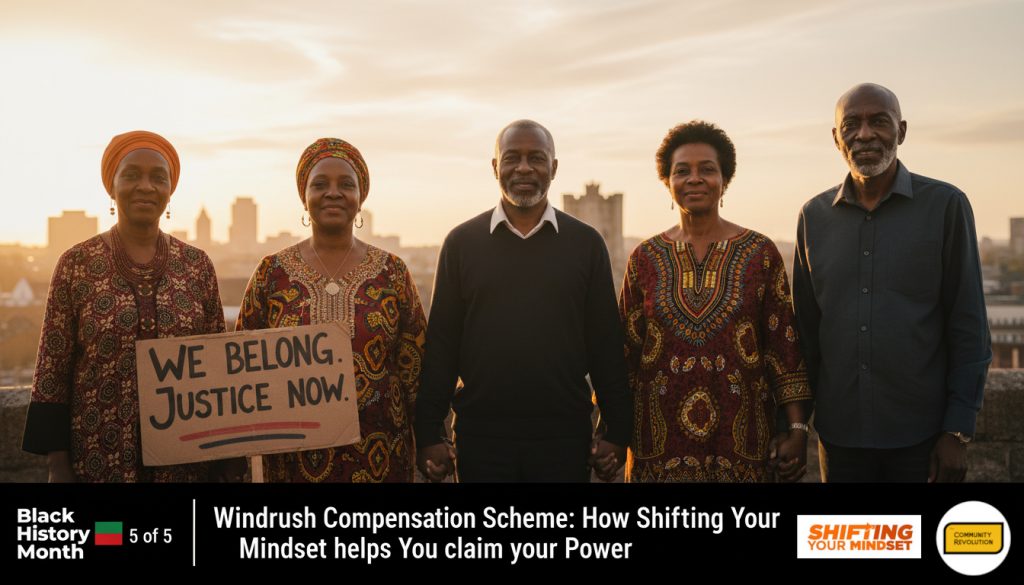 This image features four individuals standing together outdoors during what appears to be sunset. The background shows a city skyline with buildings silhouetted against the sky. The individuals are dressed in traditional African attire, with vibrant patterns and colors. One person is holding a sign that reads "WE BELONG. JUSTICE NOW." The text at the bottom of the image reads "Black History Month" and "Windrush Compensation Scheme: How Shifting Your Mindset Helps You Claim Your Power," along with a logo that says "COMMUNITY REVOLUTION."