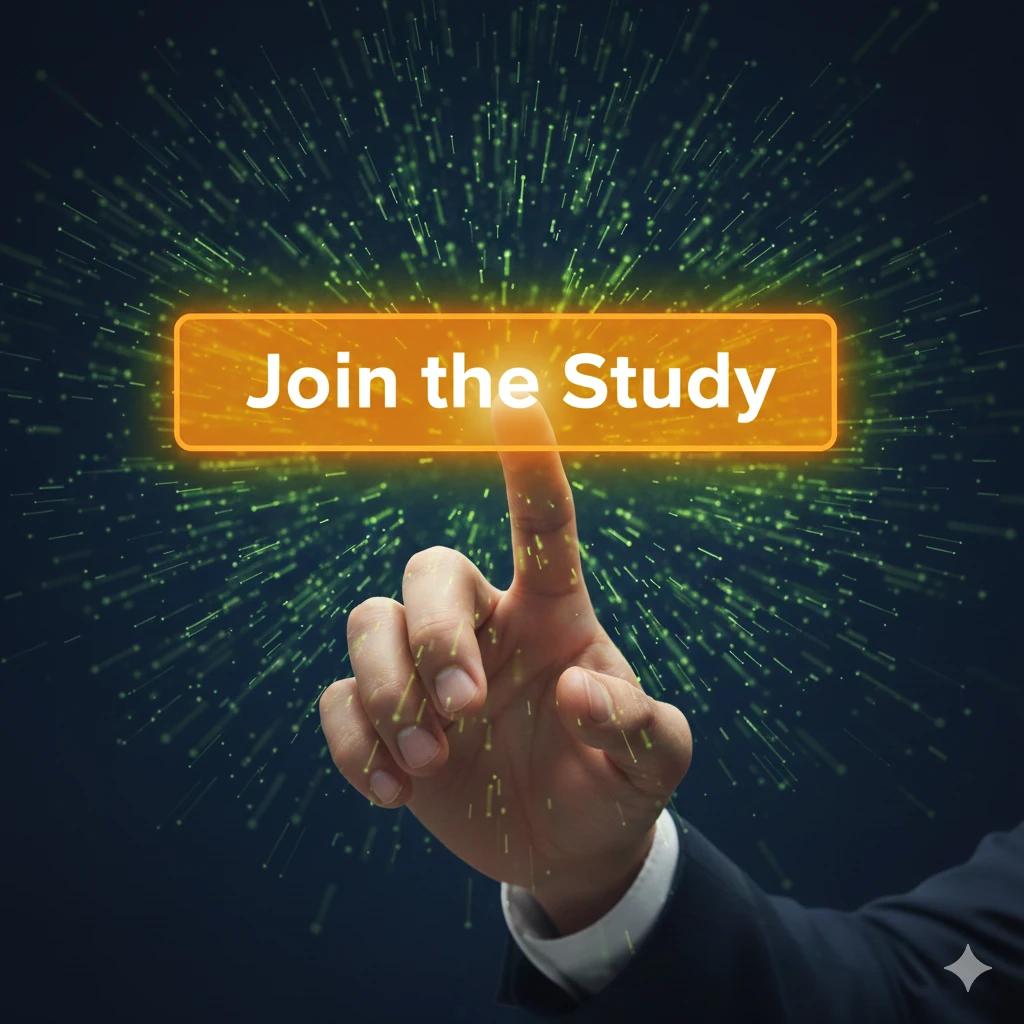 A close-up, dynamic shot of a professional hand (ethnically diverse) actively tapping a large, prominent, glowing button on a sleek, dark digital interface. The button is clearly labelled with the action phrase 'Join the Study'. The background is a vibrant, abstract light trail, symbolic of data and regional connectivity, focusing the viewer's eye on the action. The design uses a high-contrast palette of deep navy blue and a striking, energetic lime green to ensure high visibility as a digital advertisement banner.