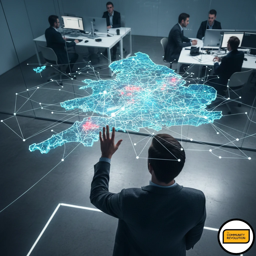 A vibrant, high-angle shot of a person pointing at a large, illuminated, three-dimensional, glowing digital map of the East Midlands, overlaid with complex data points (represented by connected lines and nodes) to symbolise the identification of needs and gaps. The background is slightly blurred but suggests a modern, collaborative office space.
