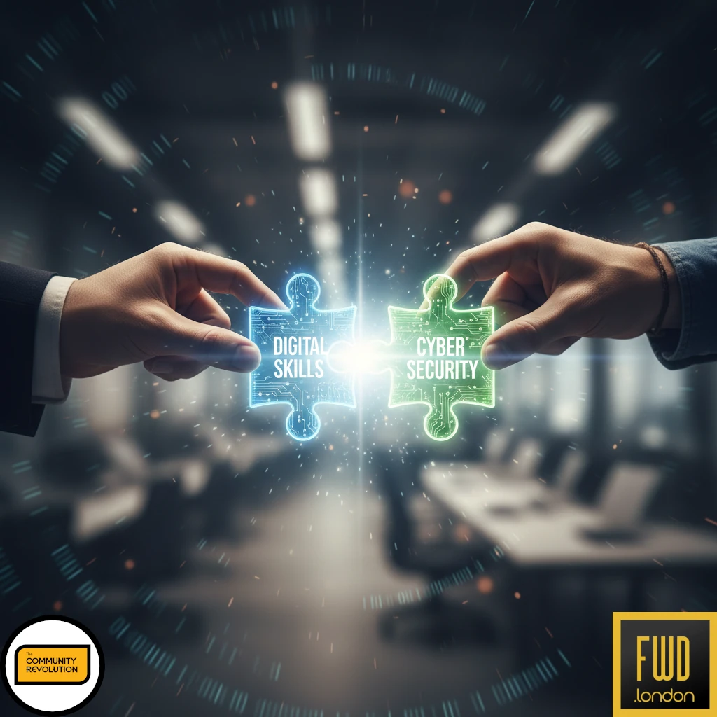 A close-up, dynamic shot of two hands, one professional and one community-focused, connecting pieces of a digital jigsaw puzzle with a glowing, interlocking pattern. The puzzle pieces symbolise 'digital skills' and 'cyber security' coming together. A subtle, bright light emanates from the point of connection. The logos of project partners (The Community Revolution bottom-left, FWD.london bottom-right) are in the bottom corners of the image.