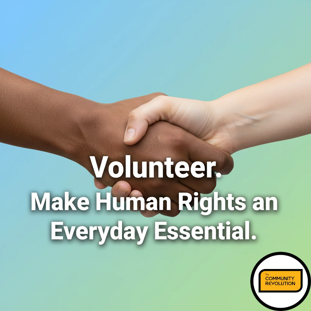 A close-up of two hands, one with a darker skin tone, one with a lighter skin tone, clasping together firmly at the centre of the frame. The background is a soft, optimistic blend of light blue and green, symbolising a clean environment and hope. The primary focus is on the message: "Volunteer. Make Human Rights an Everyday Essential"