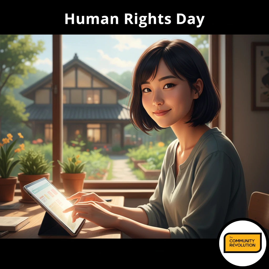 An illustration consisting of a close-up shot of a young adult (oriental, possibly Chinese, female) looking confidently at a bright tablet screen on a simple, community-built wooden desk. The background is slightly blurred but suggests a mix of traditional and modern elements (e.g., a sustainable building and a community garden visible through a window). A single beam of natural light illuminates the person's face and hands on the device, symbolising 'knowledge' and 'innovation' as tools for empowerment and a positive future. The focus is on the individual's journey toward self-realisation.