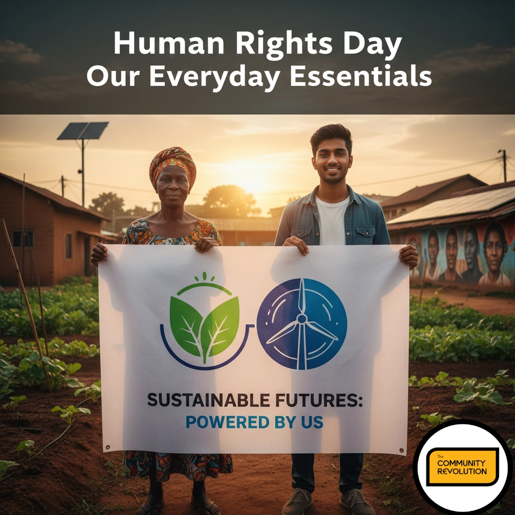 A wide-angle shot of two individuals (one older, one younger; from diverse ethnic backgrounds) standing shoulder-to-shoulder, looking forward with confidence at a large, vibrant banner they are holding. The banner features a graphic related to the UN Sustainable Development Goals (e.g., a clean energy symbol and a food security symbol). The setting is a rural community in Ghana. The image is positive and reflects the collective effort and the attainable nature of change.