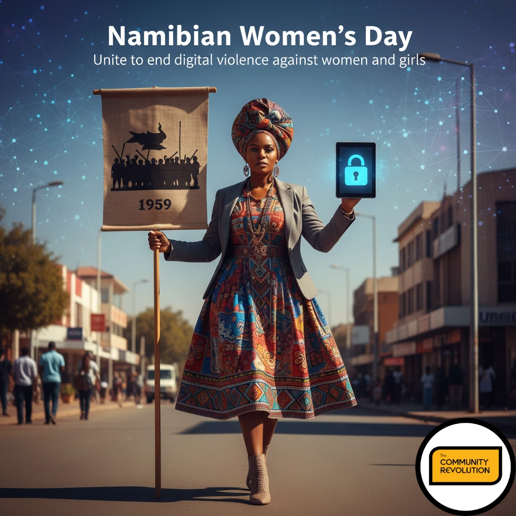 A powerful Namibian woman, dressed in a mix of traditional and modern attire, walking purposefully towards the viewer. In one hand, she carries a banner or placard with a silhouette of the 1959 Old Location Uprising, and in the other, she holds a modern smartphone or tablet with a glowing, secure lock symbol on the screen. The background is a mix of a Windhoek street scene and subtle digital pathways. Text: "Namibian Women's Day" written in bold, legible, sentence-cased text over the image, with the theme "Unite to end digital violence against women and girls" underneath in a slightly smaller size.