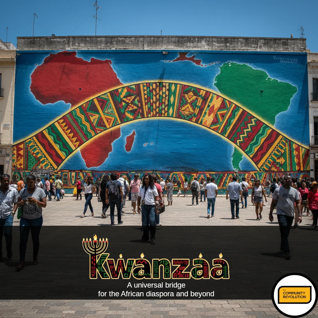 A vibrant, large-scale mural in a busy public square, depicting a symbolic bridge arching across a stylised map that connects the African continent, the Caribbean, and South America. The bridge is composed of seven interlocking, geometric patterns representing the principles of Kwanzaa.
