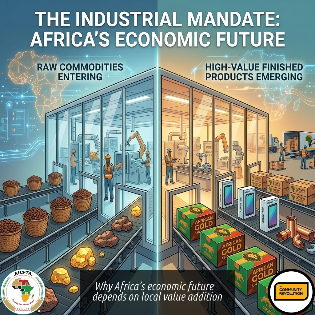 split-frame illustration. On the left, raw commodities like cocoa beans and raw ore are shown entering a transparent, modern glass processing facility. On the right, those same materials emerge as high-value, branded, finished products ready for the African market. The background features a subtle, stylized map of the African continent connected by glowing digital corridor. A text overlay reading: 'The Industrial Mandate: Africa’s Economic Future'