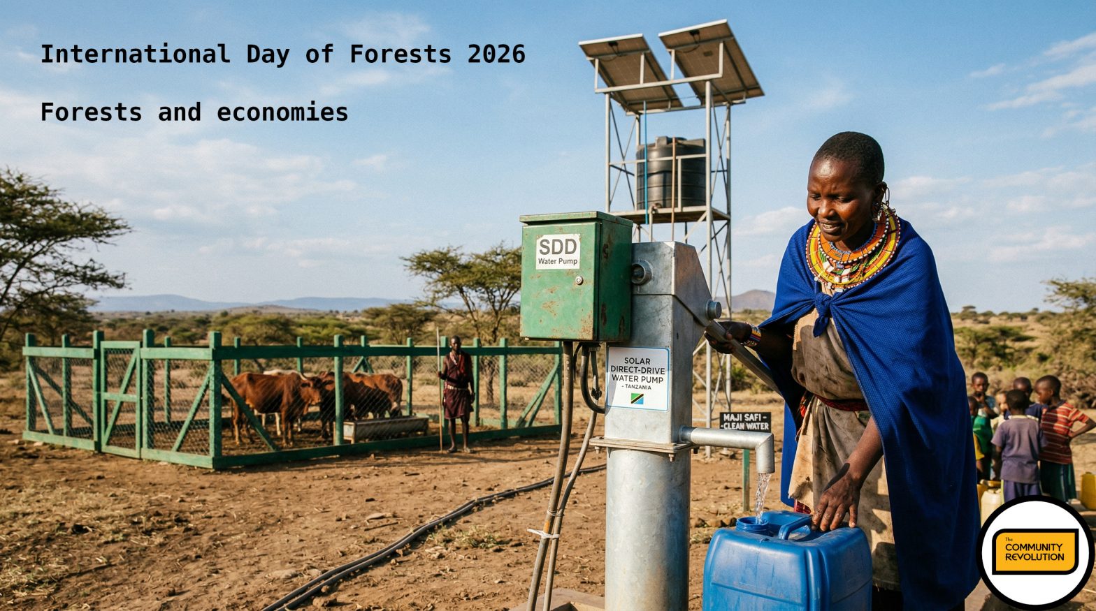 A dignified, natural light, documentary-style photograph of a Maasai woman, dressed in traditional colours, operating the faucet of a modern Solar Direct-Drive (SDD) water pump in a sunny Tanzanian landscape.
