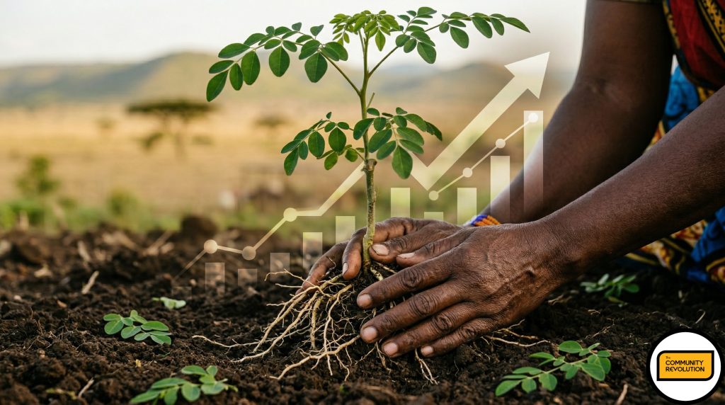 A close-up, conceptual photograph. The image should show a hand holding and protecting the roots of a vibrant, healthy Moringa tree sapling emerging from rich, dark soil. Overlaid or subtly integrated into the background composition, there should be an abstract, clean graphic representing a rising financial chart.