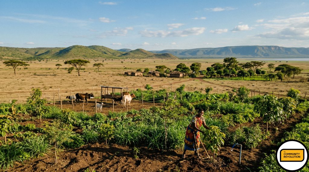 A wide-angle, cinematic photograph of a thriving tree-based agroecology system (silvopasture agroforestry) in the Tanzanian savanna. The foreground should clearly show a healthy, managed area with restored soil and tree saplings integrated into the zero-grazing plot. The background should feature the vast, dry landscape and a hint of the Manyara region's characteristic low hills, visually demonstrating the economic resilience created by careful land management.