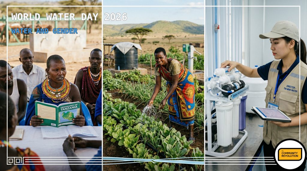 A high-quality, photo-realistic triptych visually linking three scenes of female empowerment through water access. The focus is on diversity and the themes of Impact and Justice. Scene 1 (East Africa): A young woman (representing Tanzania) smiling, no longer carrying water, but holding a school book or participating in a community meeting, with a clean, simple, non-solar water point visible in the background. Scene 2 (West Africa): A woman (representing Ghana) engaged in profitable commerce or regenerative farming, with a subtle element of managed irrigation or clean water storage nearby. Scene 3 (Global Parallel): A woman (representing the Viet Nam success stories) operating a small, clean water filtration or sanitation enterprise, demonstrating female leadership in a technical field.