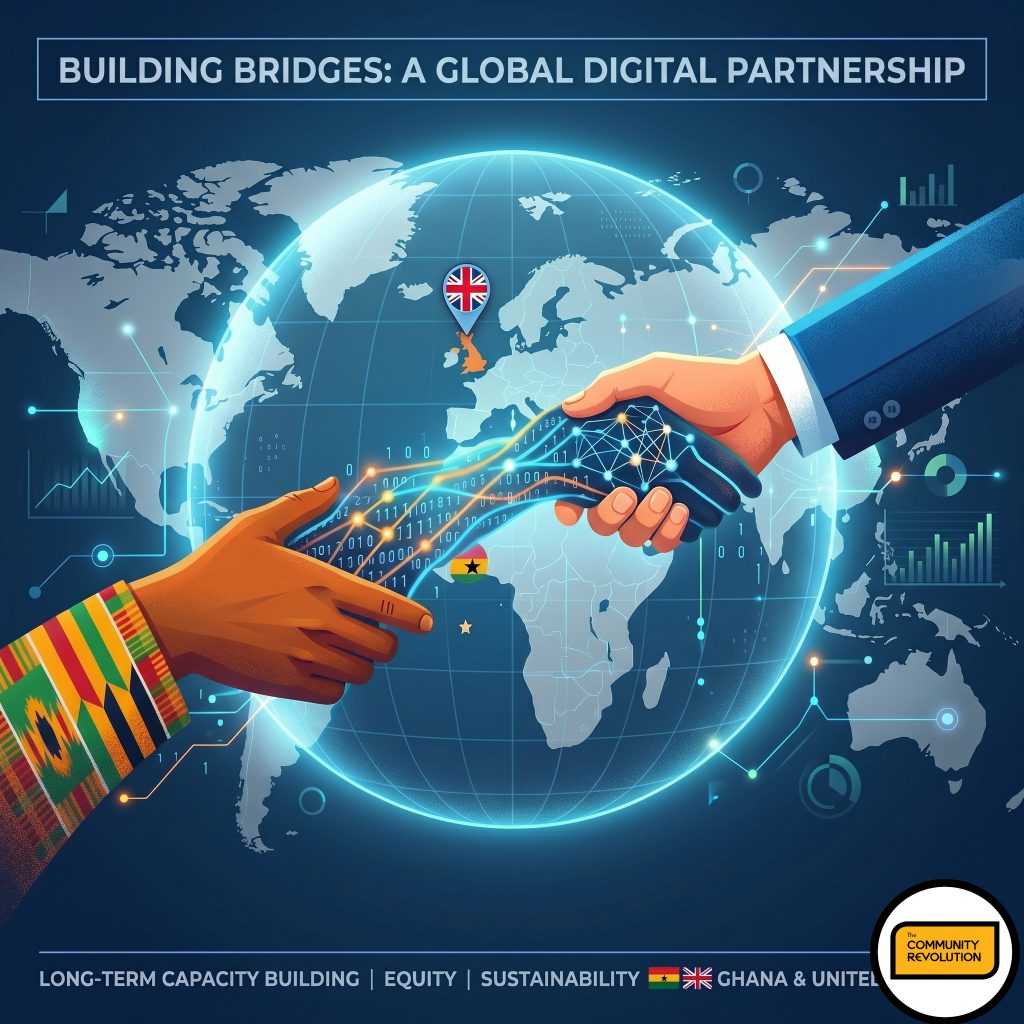 Illustration showing two diverse hands reaching across a subtle, glowing map of the globe, one positioned over West Africa (representing Ghana) and one over the United Kingdom. The hands are connected by a vibrant line of binary code and neural network graphic, symbolizing digital partnership, long-term capacity building, and global equity.