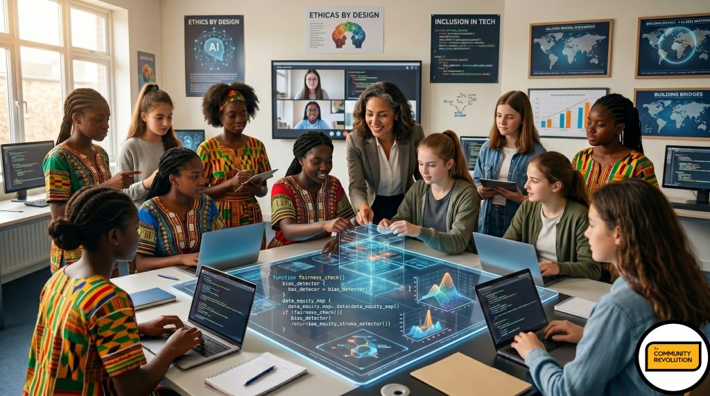photograph featuring a diverse group of girls and young women (some African, some European) confidently gathered in a hybrid classroom setting. A confident, female teacher is guiding them as they interact with a transparent, holographic display showing ethical AI code and data structures.