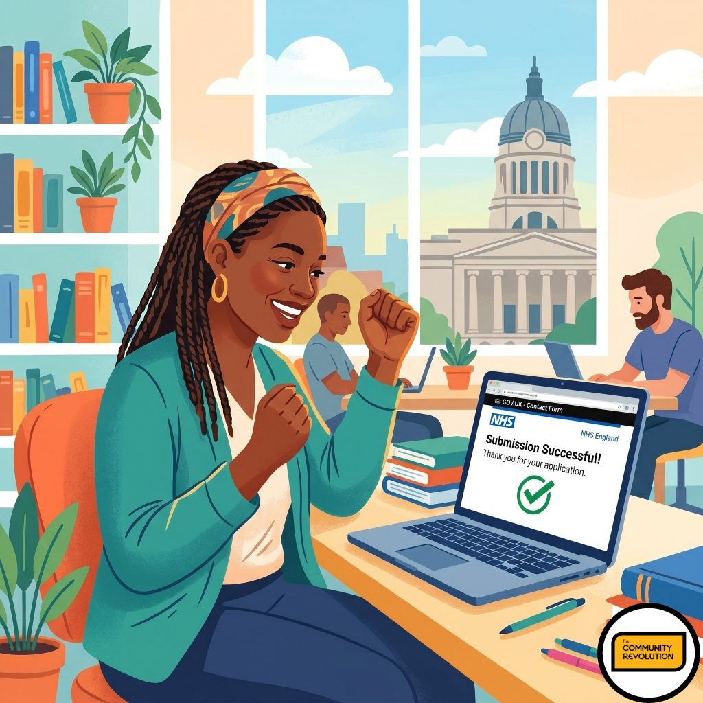 Woman smiling after successfully completing an online application form.