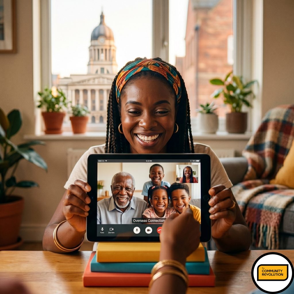 A woman smiling during a video call, staying connected with family far away.