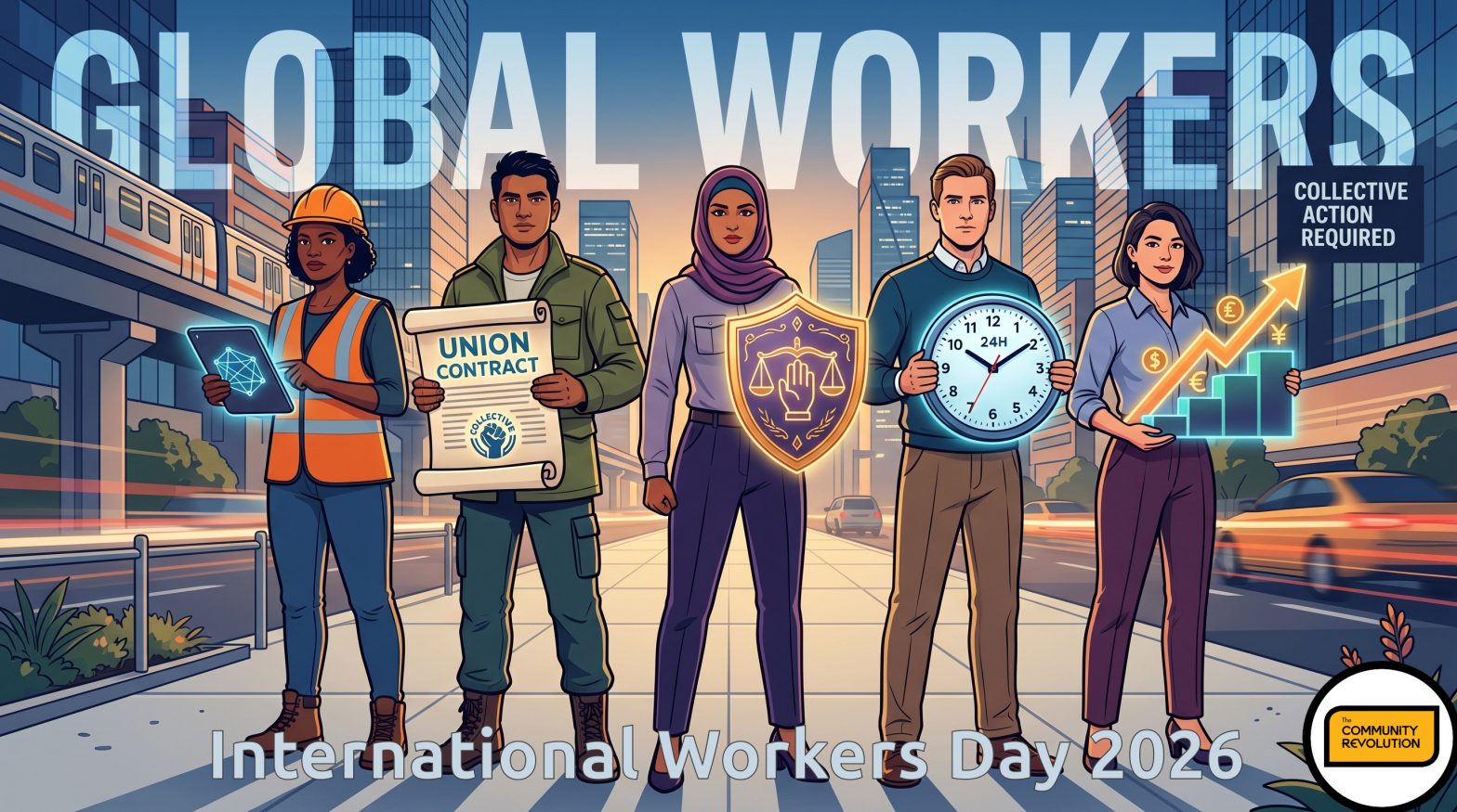 A bold vector art illustration in a 16:9 aspect ratio of a diverse group of five workers (representing different genders and global communities) standing side-by-side. Each person holds a symbolic, glowing object representing one of the article's five tools, such as a tablet for digital literacy, a union contract document for collective power, a protective shield for enforcement against wage theft, a clock for paid family leave, and a rising arrow graph for a thriving wage. The background is a crisp, dynamic cityscape, suggesting a busy, modern environment where collective action is required. The overall feel is unified and practical. The words: "International Workers Day 2026" are emblazoned at the bottom of the image.