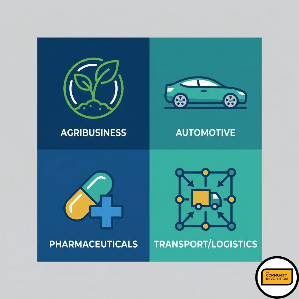 four distinct, minimalist vector icons representing the AfCFTA-4: a sprout for Agribusiness, a car silhouette for Automotive, a pill/cross for Pharmaceuticals, and a truck node for Transport/Logistics.
