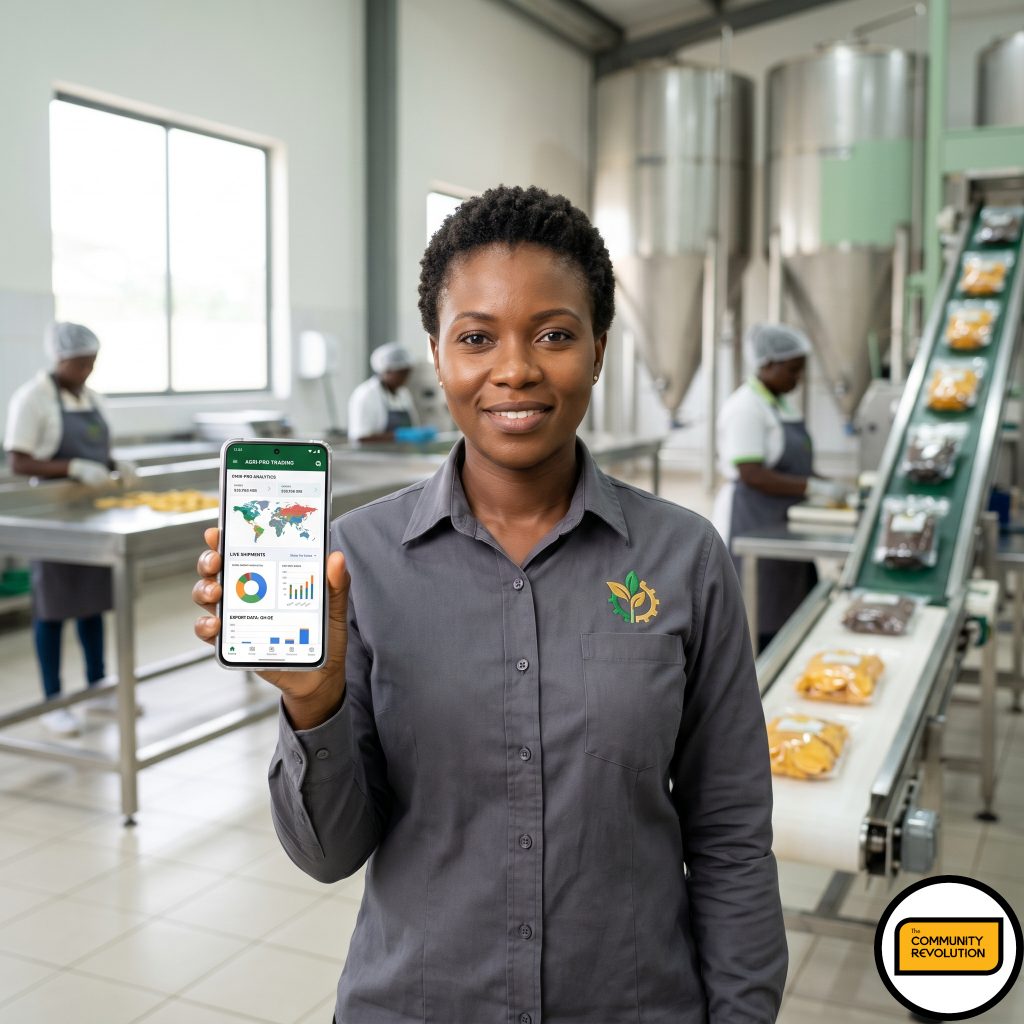 A confident African female entrepreneur in a clean, modern agribusiness setting. She is holding a smartphone with a clear, high-tech interface visible on the screen