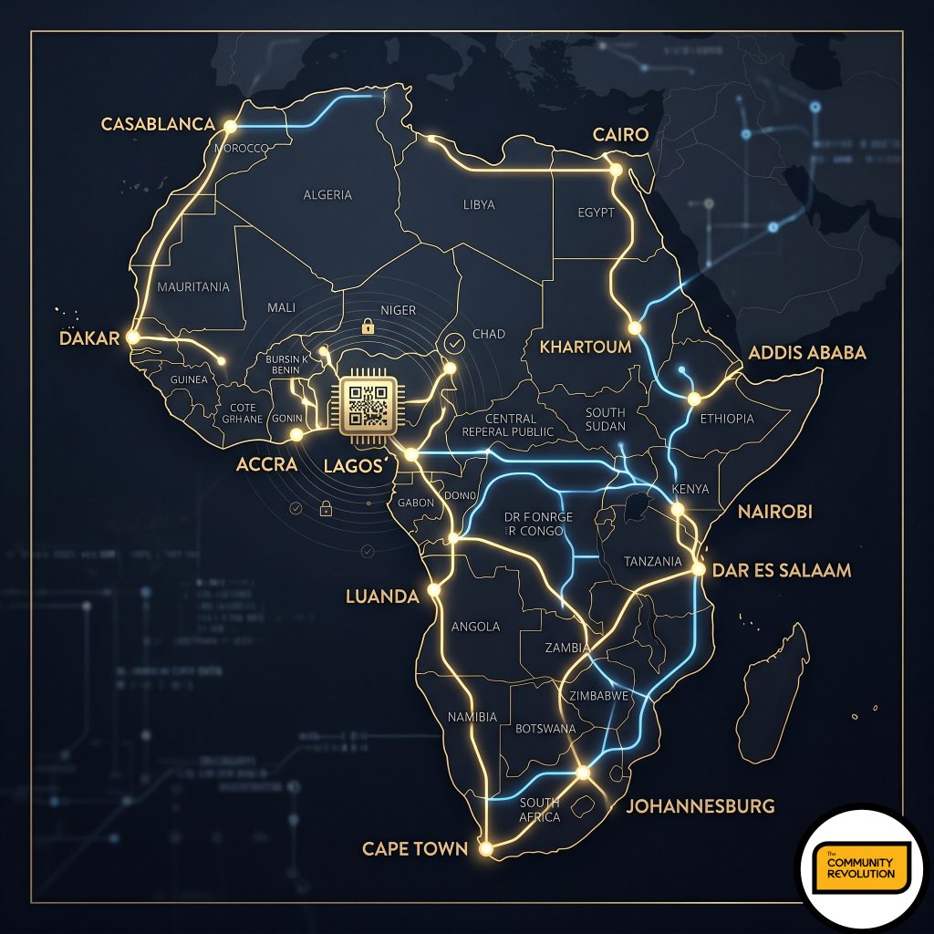 high-tech map of the African continent featuring simplified, glowing trade corridors connecting key economic hubs