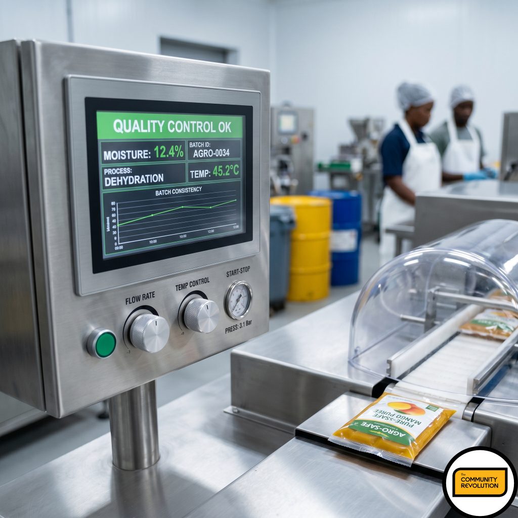 Modern food-processing machinery in an African facility. The image highlights clean stainless steel, precision dials, and the start of a packaging process
