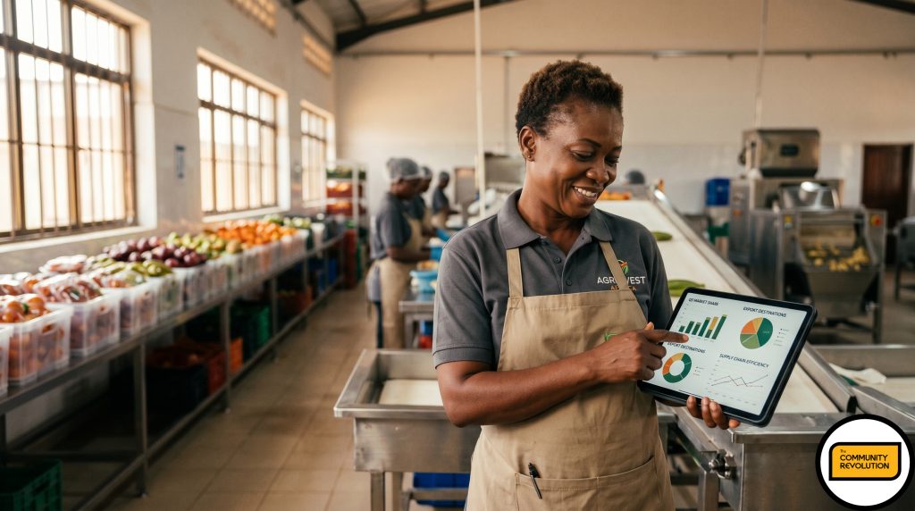professional portrait of a confident African female agribusiness owner inside a clean, modern food processing facility, she is interacting with a digital tablet showing trade data visualisation