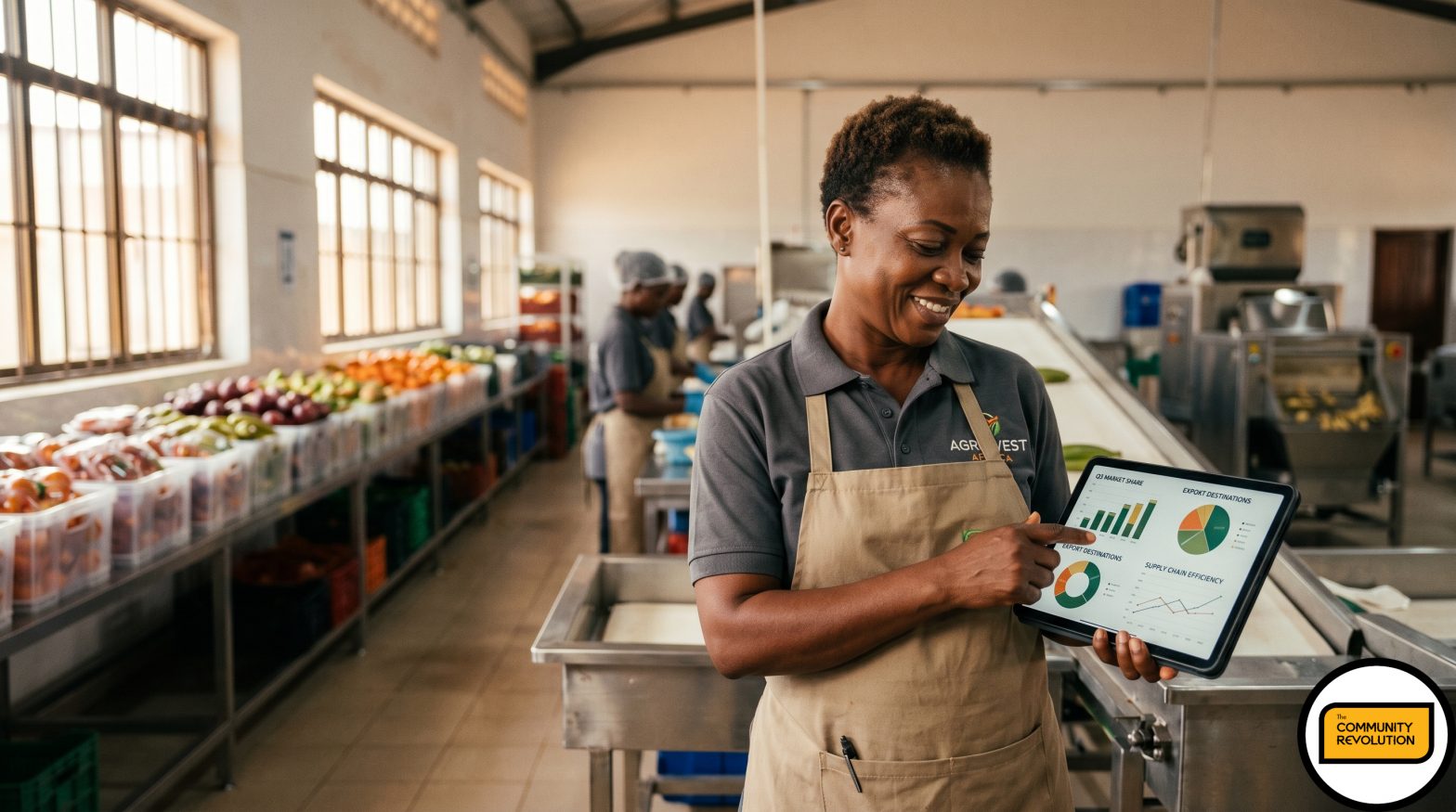 professional portrait of a confident African female agribusiness owner inside a clean, modern food processing facility, she is interacting with a digital tablet showing trade data visualisation