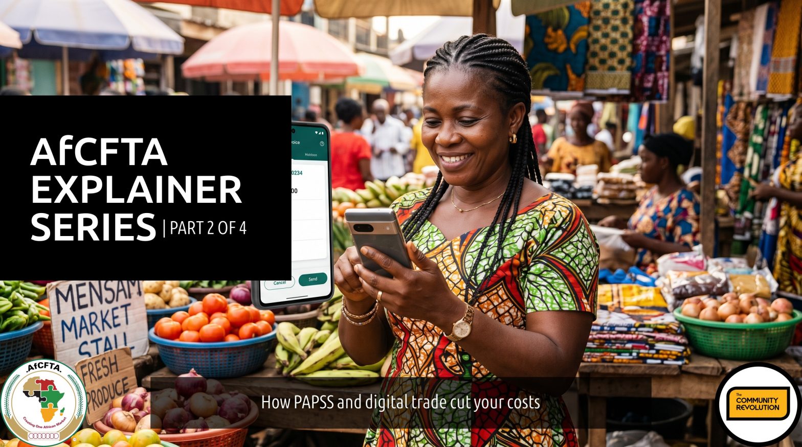 An African female entrepreneur using a smartphone in a bustling marketplace to view a digital invoice, representing modern digital cross-border trade.
