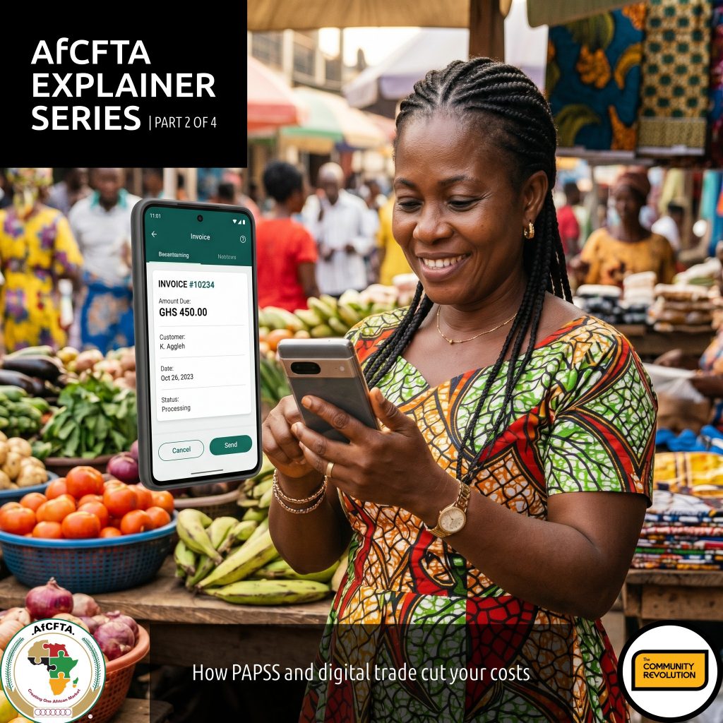 An African female entrepreneur using a smartphone in a bustling marketplace to view a digital invoice, representing modern digital cross-border trade.