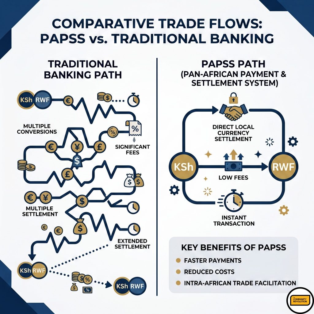 Infographic comparing traditional cross-border banking, which involves multiple currency conversions and fees, to the direct, efficient path offered by PAPSS.