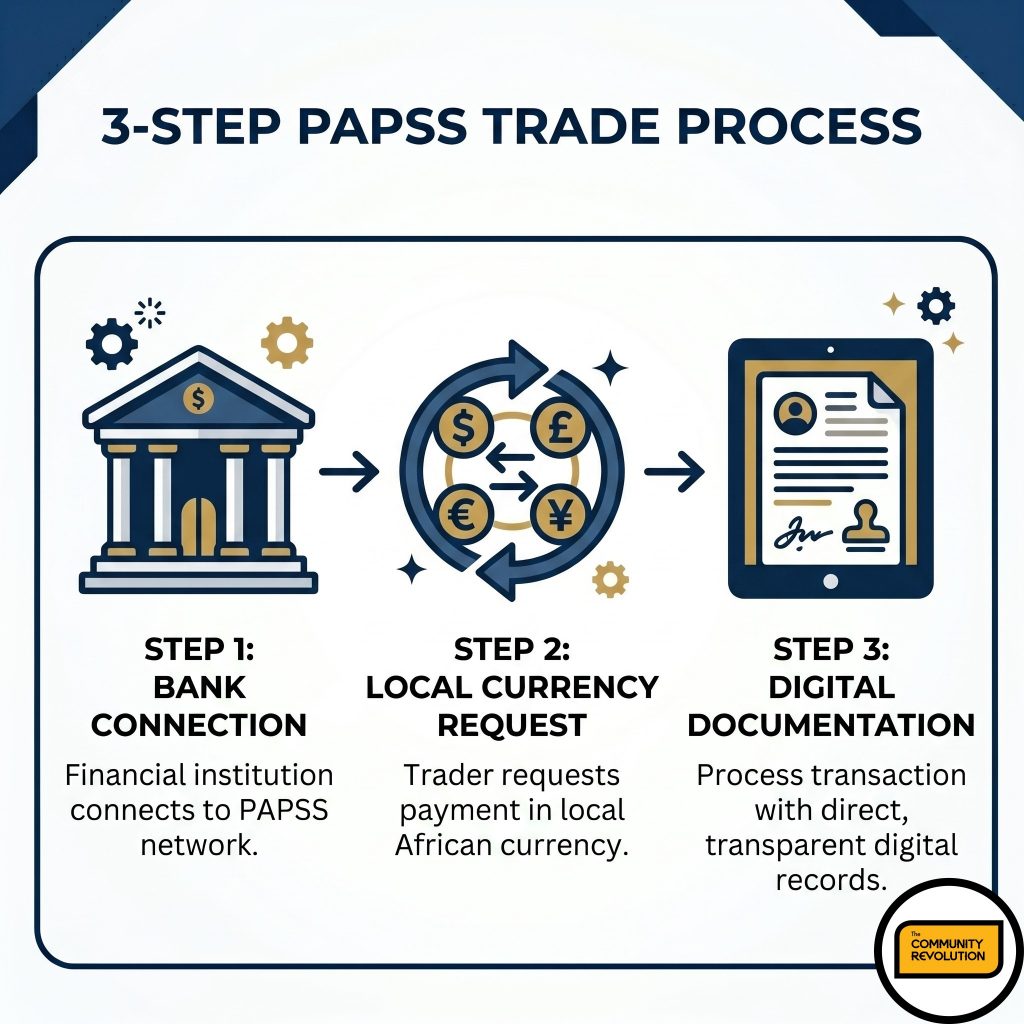 A 3-step digital trade flowchart showing the PAPSS process: verifying bank connectivity, requesting local currency settlement, and aligning digital documentation.