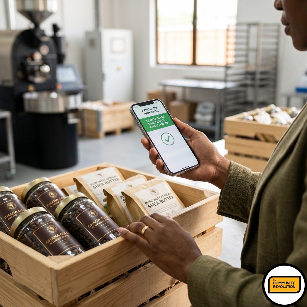 A close-up of an entrepreneur using a smartphone for digital payment while showcasing high-quality, processed goods ready for export, representing the success of digital value chains.