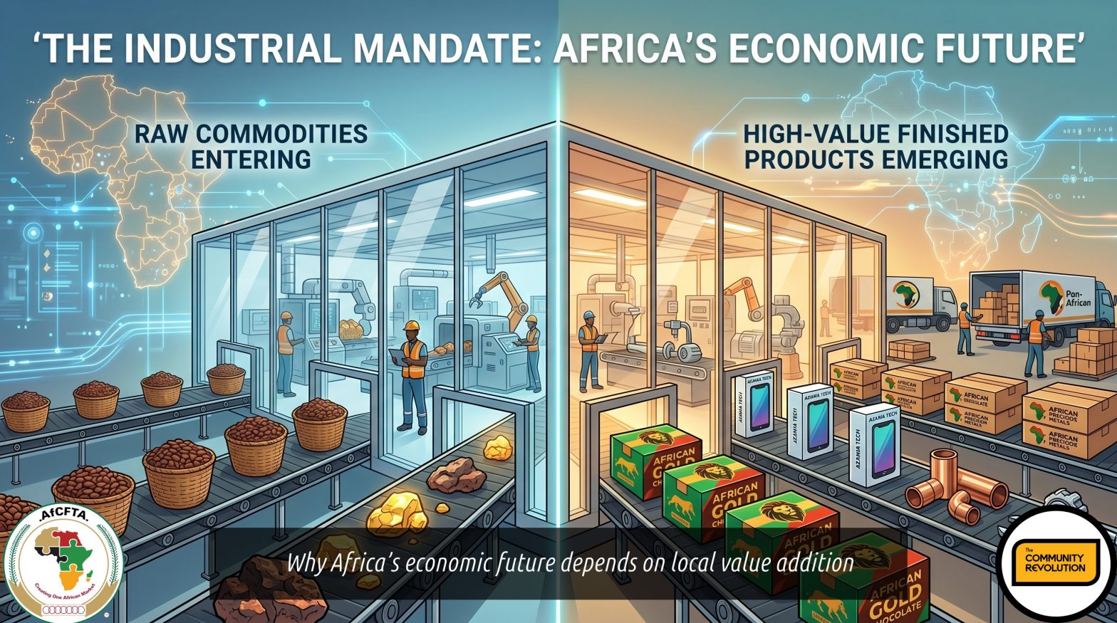 split-frame illustration. On the left, raw commodities like cocoa beans and raw ore are shown entering a transparent, modern glass processing facility. On the right, those same materials emerge as high-value, branded, finished products ready for the African market. The background features a subtle, stylized map of the African continent connected by glowing digital corridor. A text overlay reading: 'The Industrial Mandate: Africa’s Economic Future'
